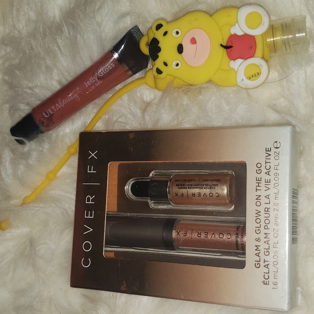 Cover fx highligh highlighter, ulta lip gloss, and hand gel